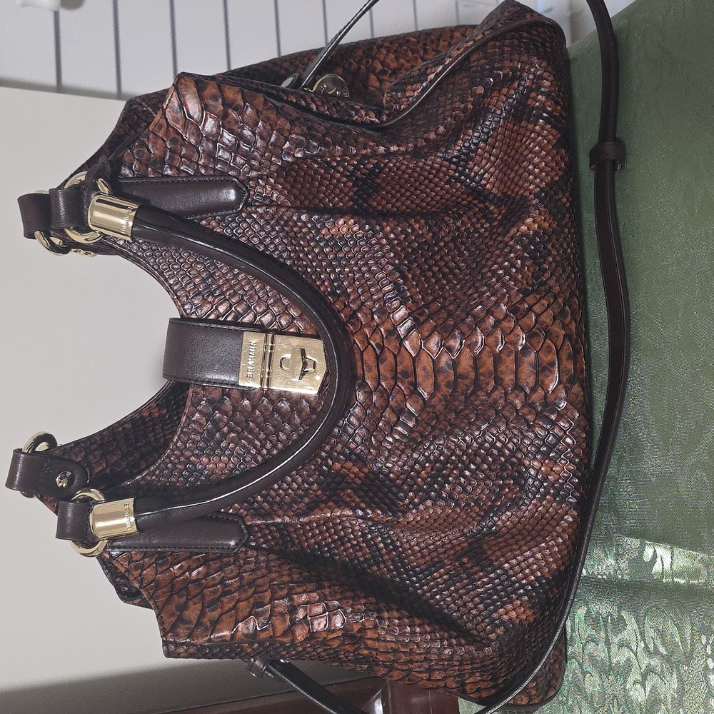 Brahmin Elisa Tan and Brown Snakeskin Shoulder Bag